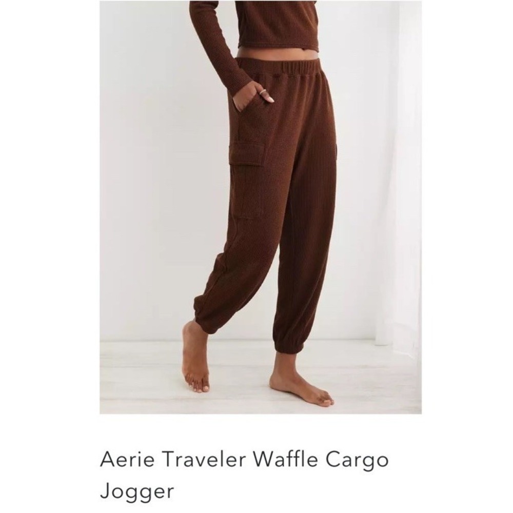Aerie Women Cargo Pants XS Brown Waffle Knit Pockets Baggy Joggers Comfort Cozy